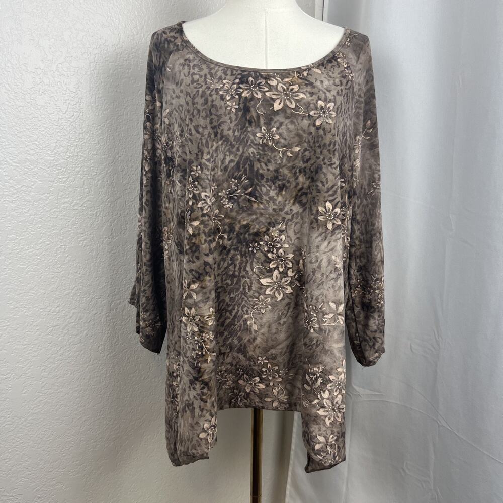 VTG Fairy Floral Top Womens XL Taupe Leopard Print Boho Shimmer Y2K‎ Stretch